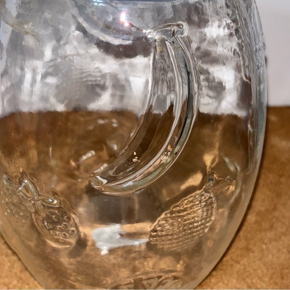 Solmaz Mercan Glass Juice Pitcher Blue Lid Embossed Fruit Pattern Vintage - Picture 4 of 5